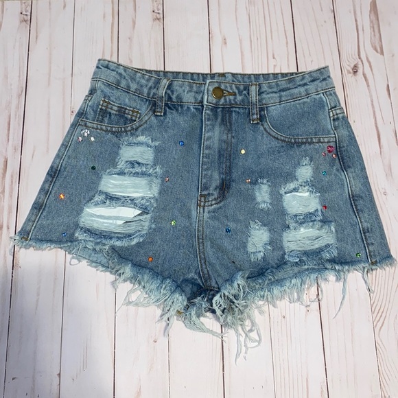 Girls denim cut off shorts w gems